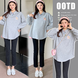 Real shot in stock pregnant women autumn and winter cotton sweater loose long sleeve plus size top all-match lapel printed sweater fleece
