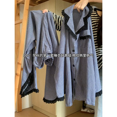 韩系蕾丝花边拼接格子长袖睡衣女春秋新款开衫长裤家居服套装外穿