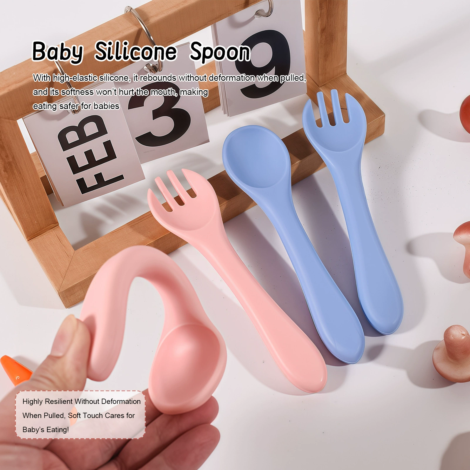 Children's silicone spoon, fork, soft set for early age