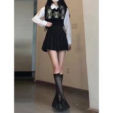 高级感韩系学院风菱格针织马甲背心叠穿衬衣上衣两件套装春秋新款