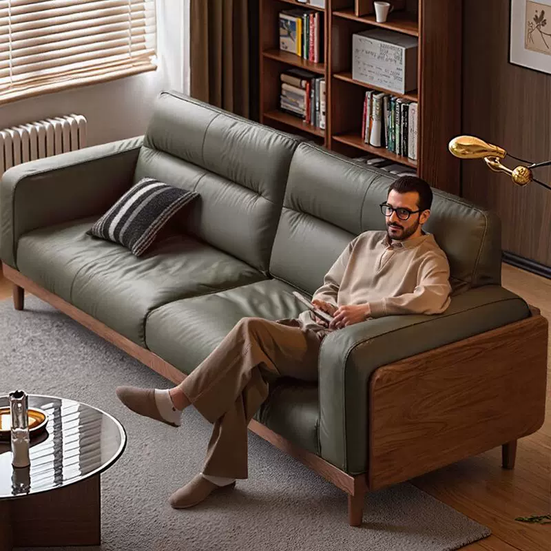 佛山中古风实木沙发客厅橡木框架小户型直排高档进口纳帕真皮沙发