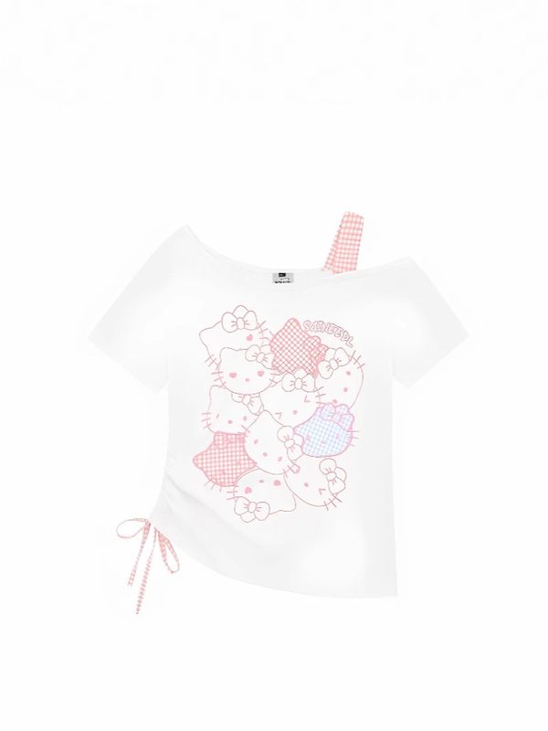 ニッチかわいいキティ猫プリントリボンオフショルダー半袖Tシャツレディーススリムオフショルダー不規則トップ|undefined