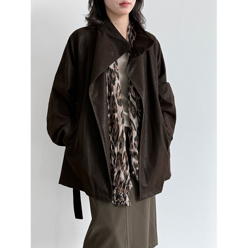 LUXI Stand Collar Lace-Up PU Leather Jacket for Women, New Autumn Vintage Coffee Color, Sophisticated Mid-Length Trench Coat 3979