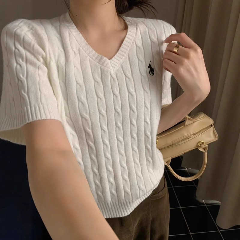 春秋小马刺绣短袖V领针织衫女经典麻花毛衣时尚休闲通勤显瘦上衣|undefined