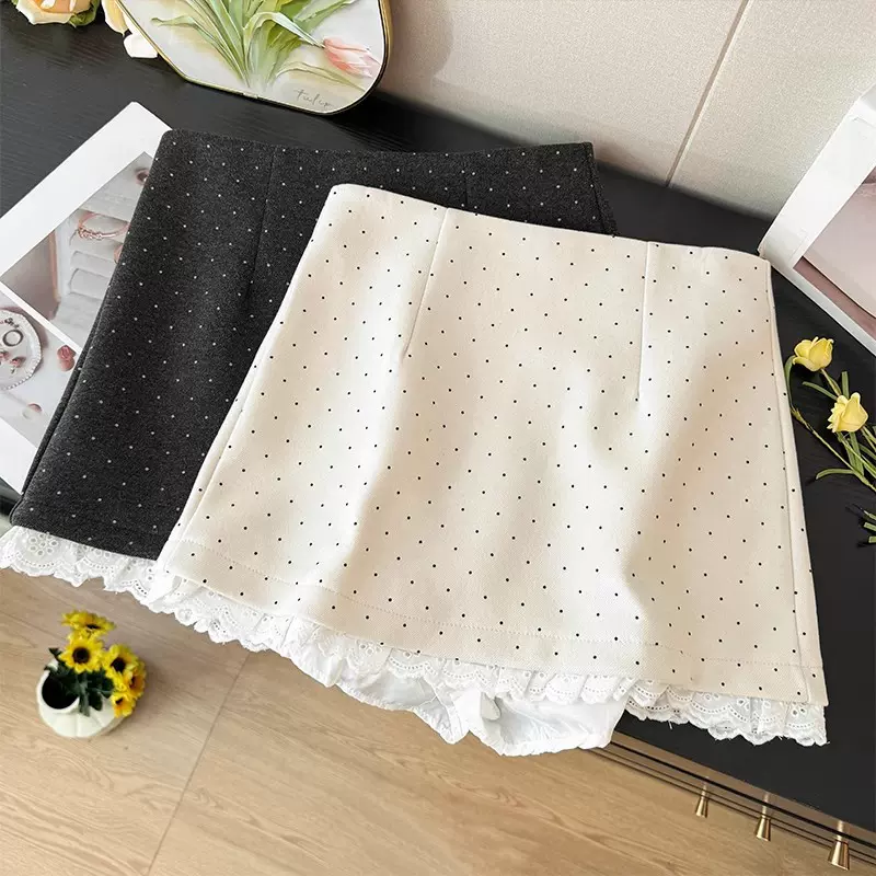 法式木耳边蕾丝拼接波点西装半身裙女2025秋季高腰A字防走光短裙