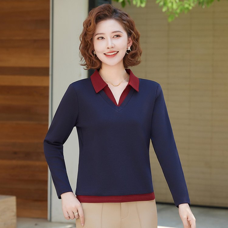 一件代发春秋季新款翻领长袖t恤女打底衫2025百搭显瘦上衣妈妈装|undefined