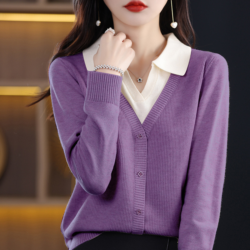 工場卸売り2024秋装の新しい上着の女性ファッション偽のシャツのセーターの女性はゆったりしていて痩せている|undefined