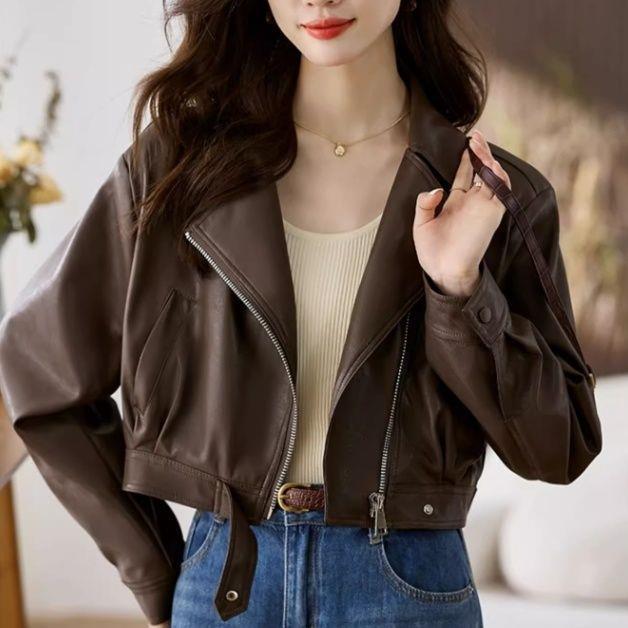 2025春秋今年流行短款小皮衣咖色翻领机车服外套设计感pu皮夹克女|undefined