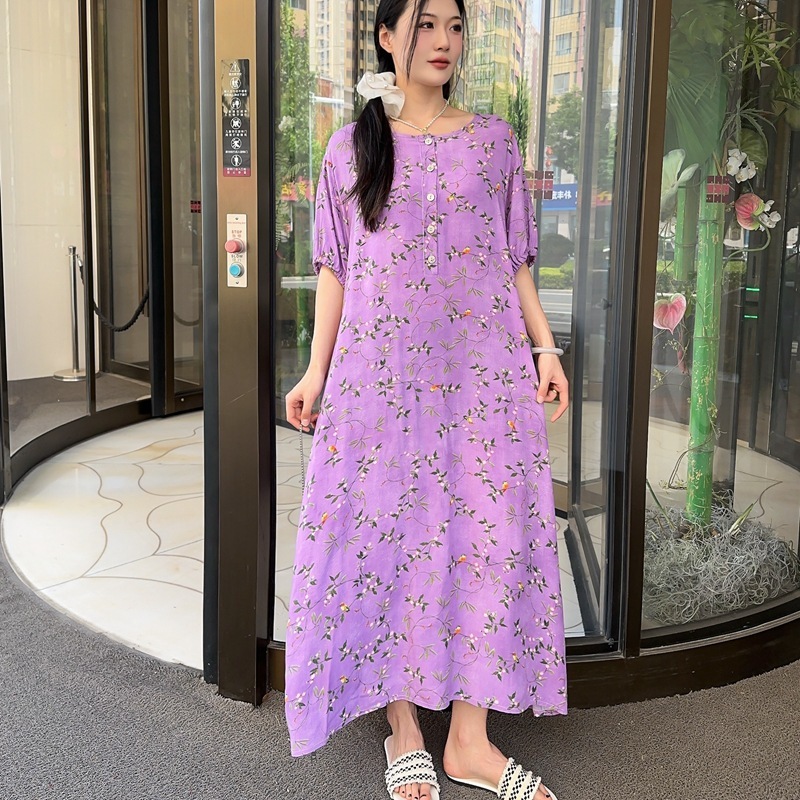 新しい綿シルクドレス半袖花柄レディースロングルーズスタイル春、秋、夏は大きいサイズのドレスの外で着用できます|undefined