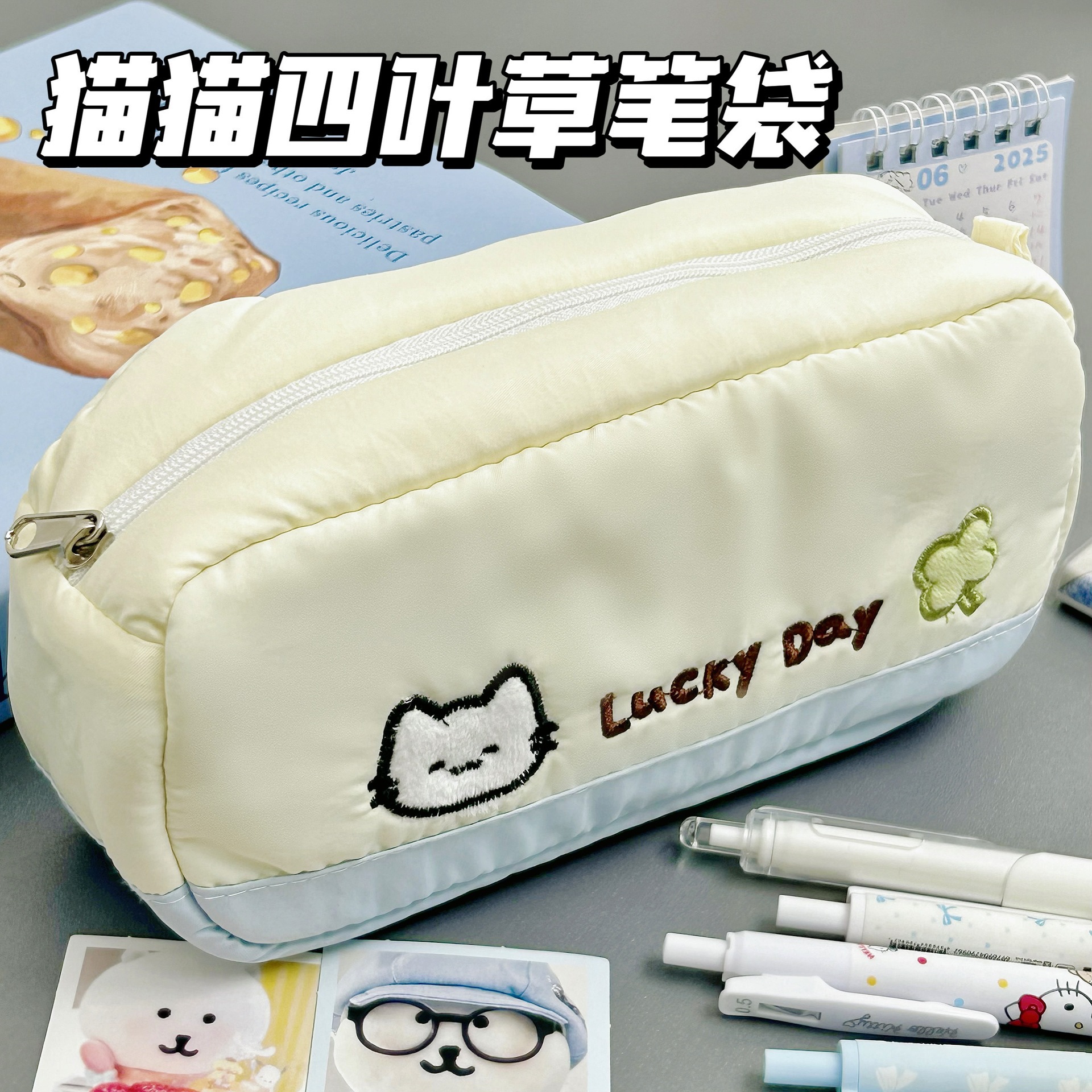 Cute cuatrofolios gatos bordados lienzo bolsas de lápiz en gran capacidad papelería almacenamiento bolsas de lápiz bolsas