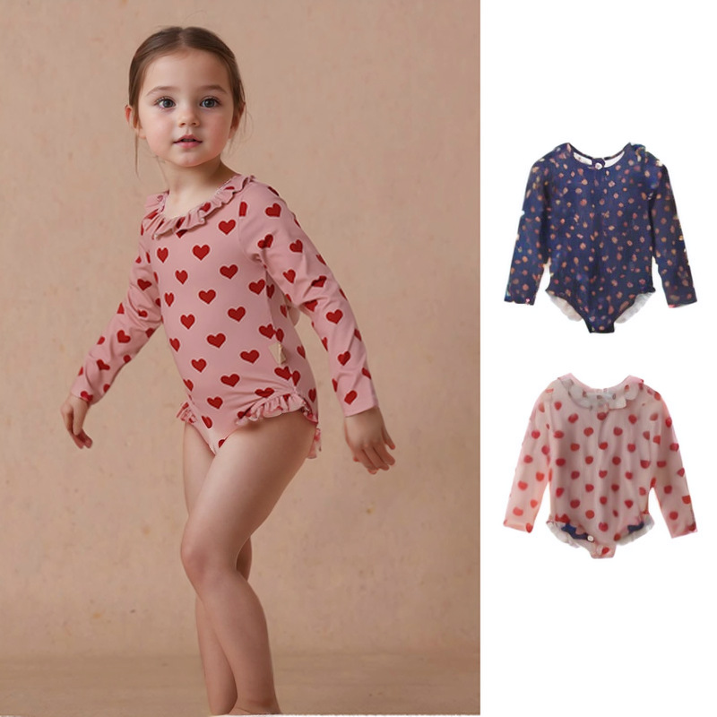 Girls Summer Printed Sun Protection Quick-Drying Swimsuit Baby Swimsuit Hat Set Baby Girl Lace Cut Out Long-Sleeved Swimsuit