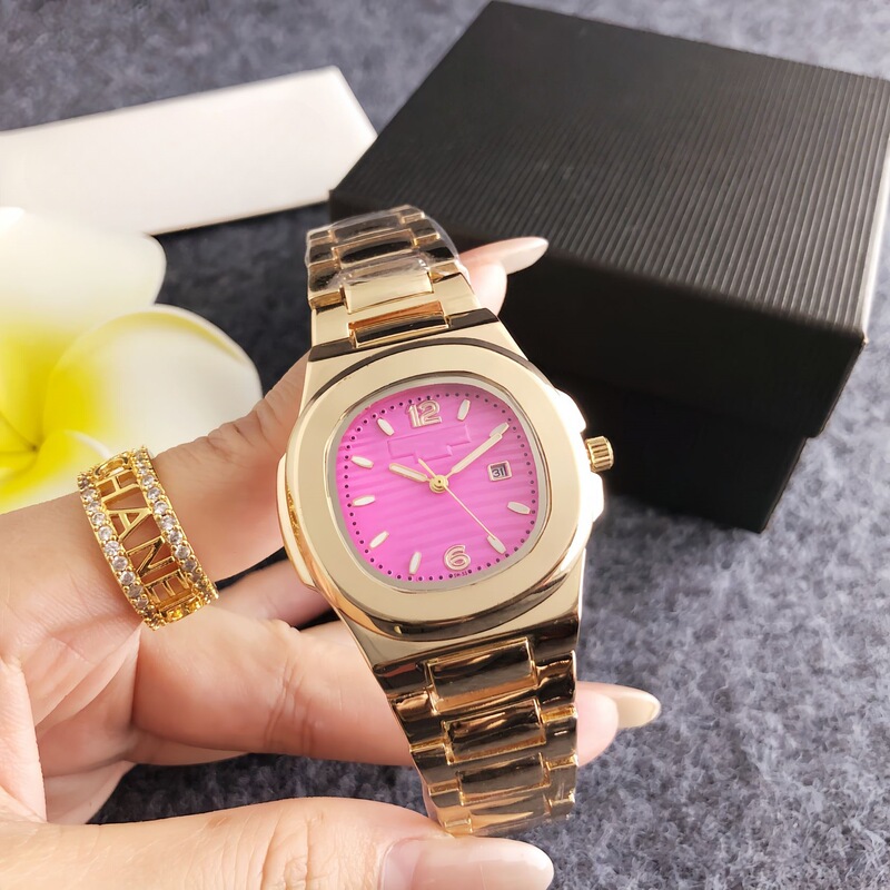 Elegant Gold Pink Dial Women's Quartz Watch with Steel Band, Couple's Watch with Calendar, Suitable for Daily Commuting, Sports, and Trendy Wristwatch
