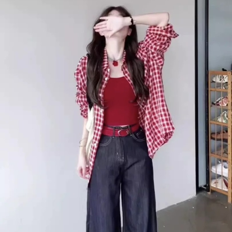 韩系复古红色格子衬衫外套女夏季新款松弛感休闲衬衣宽松防晒上衣|undefined