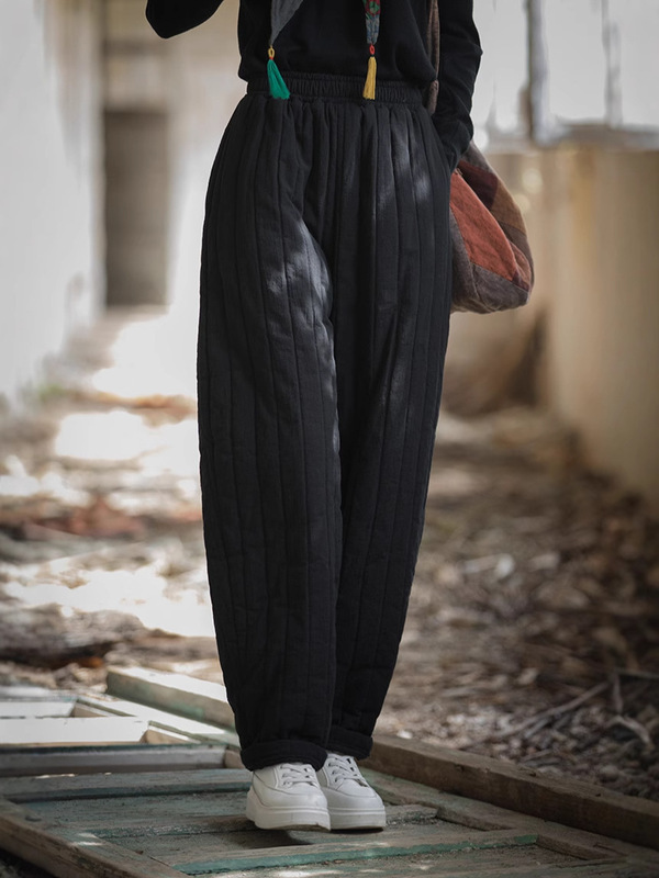 冬款新款裤子复古条纹显瘦百搭夹棉休闲裤棉麻加厚保暖棉裤女外穿|undefined