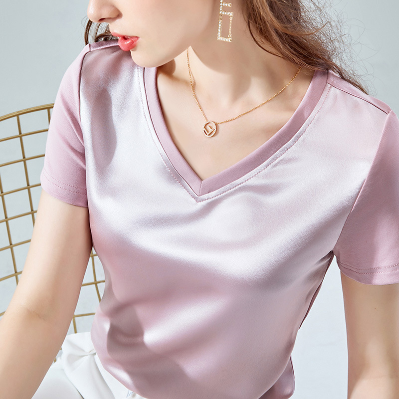 Top de acetato para mujer 2023 verano nuevo estilo coreano de moda de las mujeres sueltas costura satén clavícula cuello en V manga corta Camiseta image 3