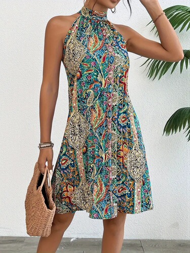 New women's Bohemian style pullover sleeveless neck temperament dress beach vacation style