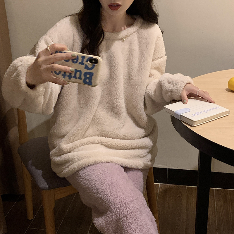 산호 양털 잠옷 여성의 가을과 겨울 기모 두꺼운 단색 간단한 긴 소매 바지 2 피스 홈 옷 따뜻한 세트