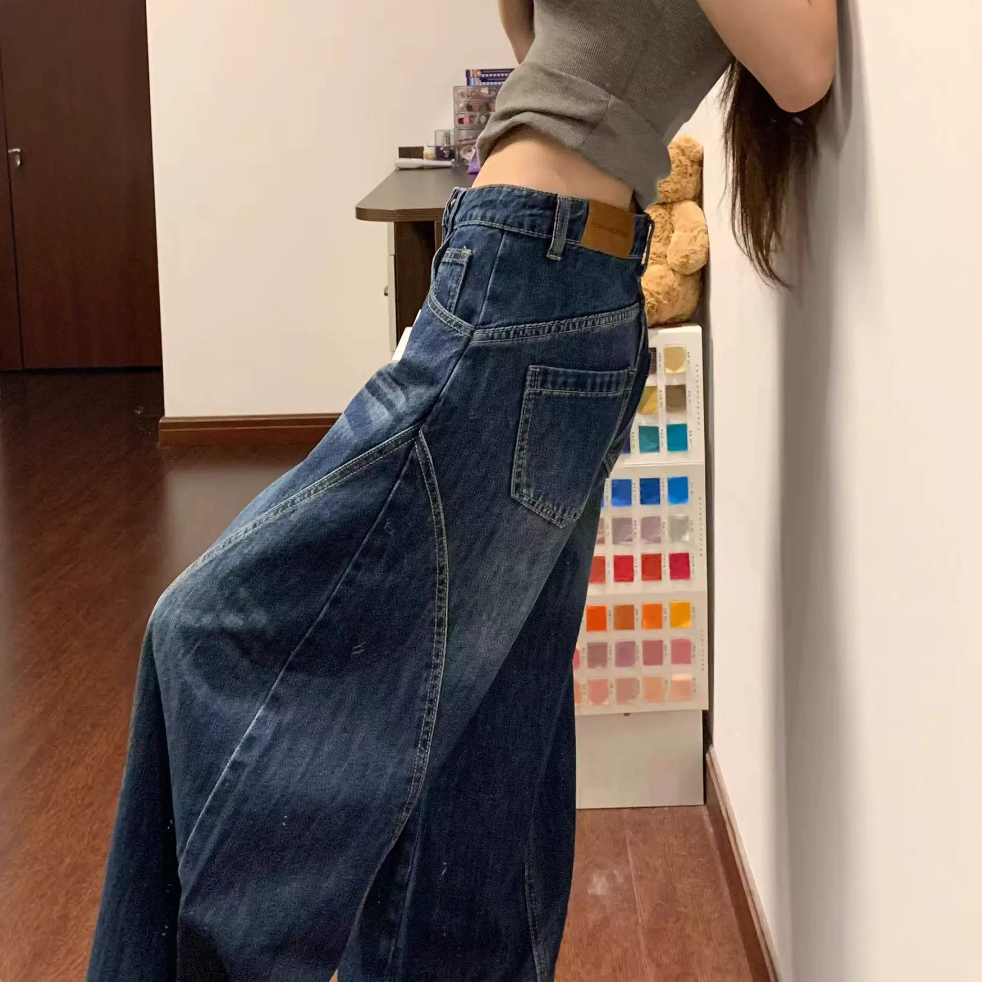 复古蓝阔腿牛仔裤女2025年秋季新款高腰显瘦梨形身材遮肉弯刀裤子