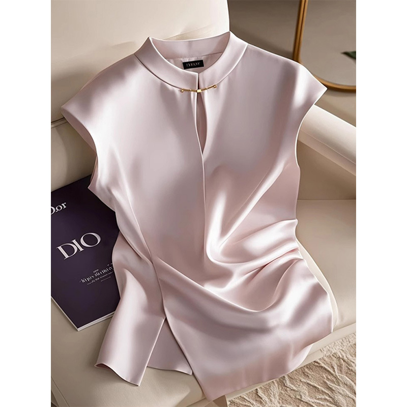 New Chinese Style Light National Style Light Pink Button Top Beautiful Blouse with Pinch Waist Sleeveless Shirt for Women Summer