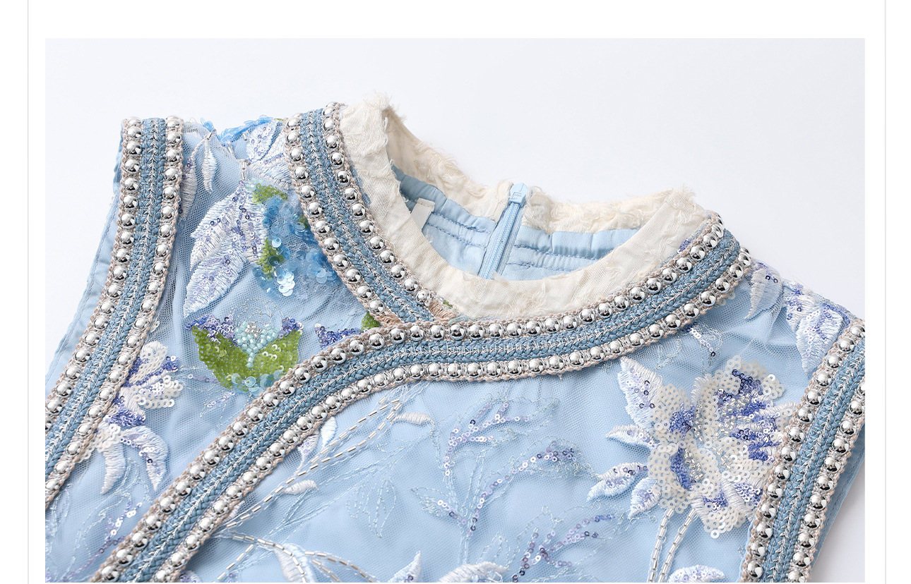 Váy sườn xám maxi thêu sequin phong cách Trung Quốc mới mùa hè N5042 — hồng, Xanh lam sông băng chi tiết 35