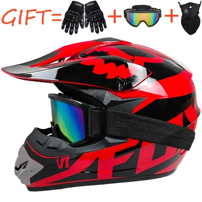 Motosiklet kaskı (dəbilqə) – Beach Bike Helmets, Youth Mountain - bright-black-and-red-f-comes-with-goggles-gloves-and-mask-s