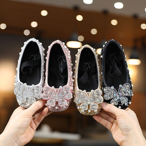 2024 Spring and Autumn New Lady Baby Girl Girls Princess Shoes with Rhinestones Single Shoes Leather Shoes Dance Performance Shoes