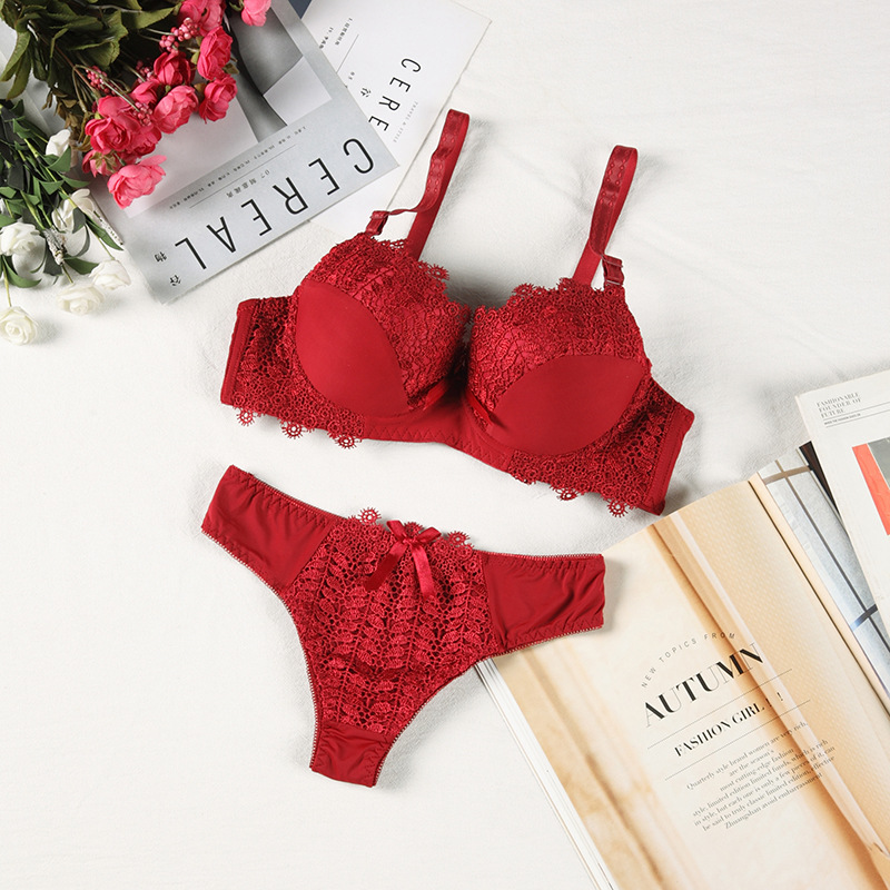 High quality lace gathered bra set, solid color nylon sexy lingerie set_voghion.com