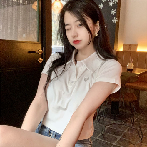 6535 cotton summer Korean version  new slim fit embroidered POLO collar hot girl style short short-sleeved T-shirt for women
