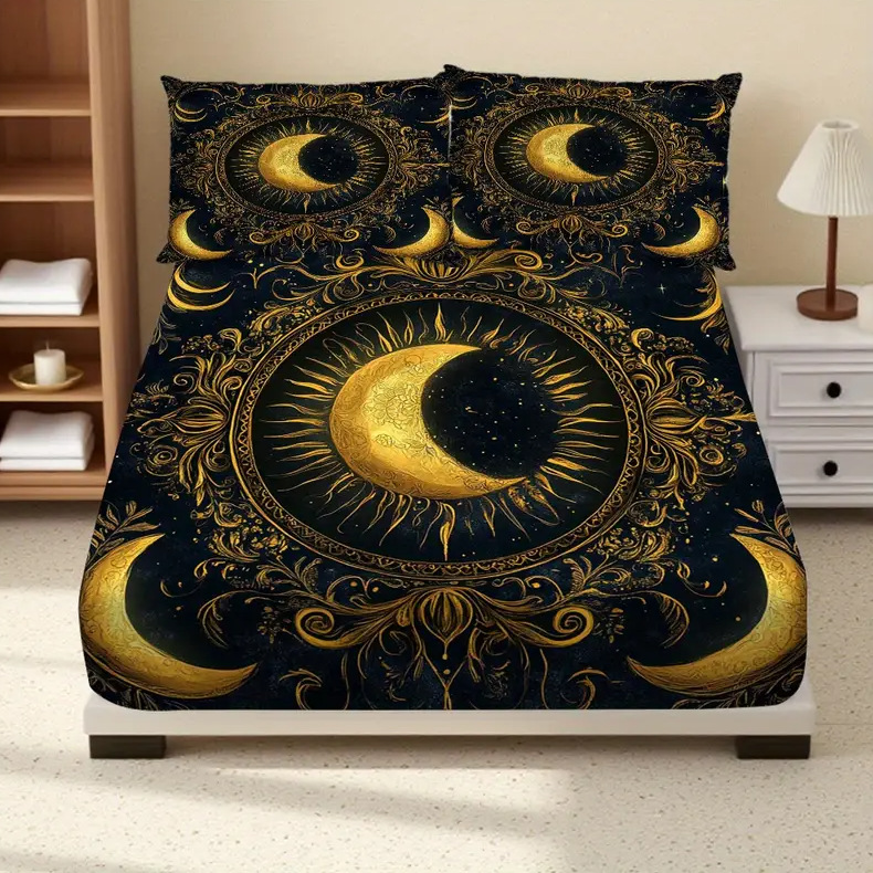 TEMU / JIT Transfronterizo Sol, Luna, Estrella y Río Patrón Temático 3D Impresión Digital Cama Kasama Kit de ropa de cama