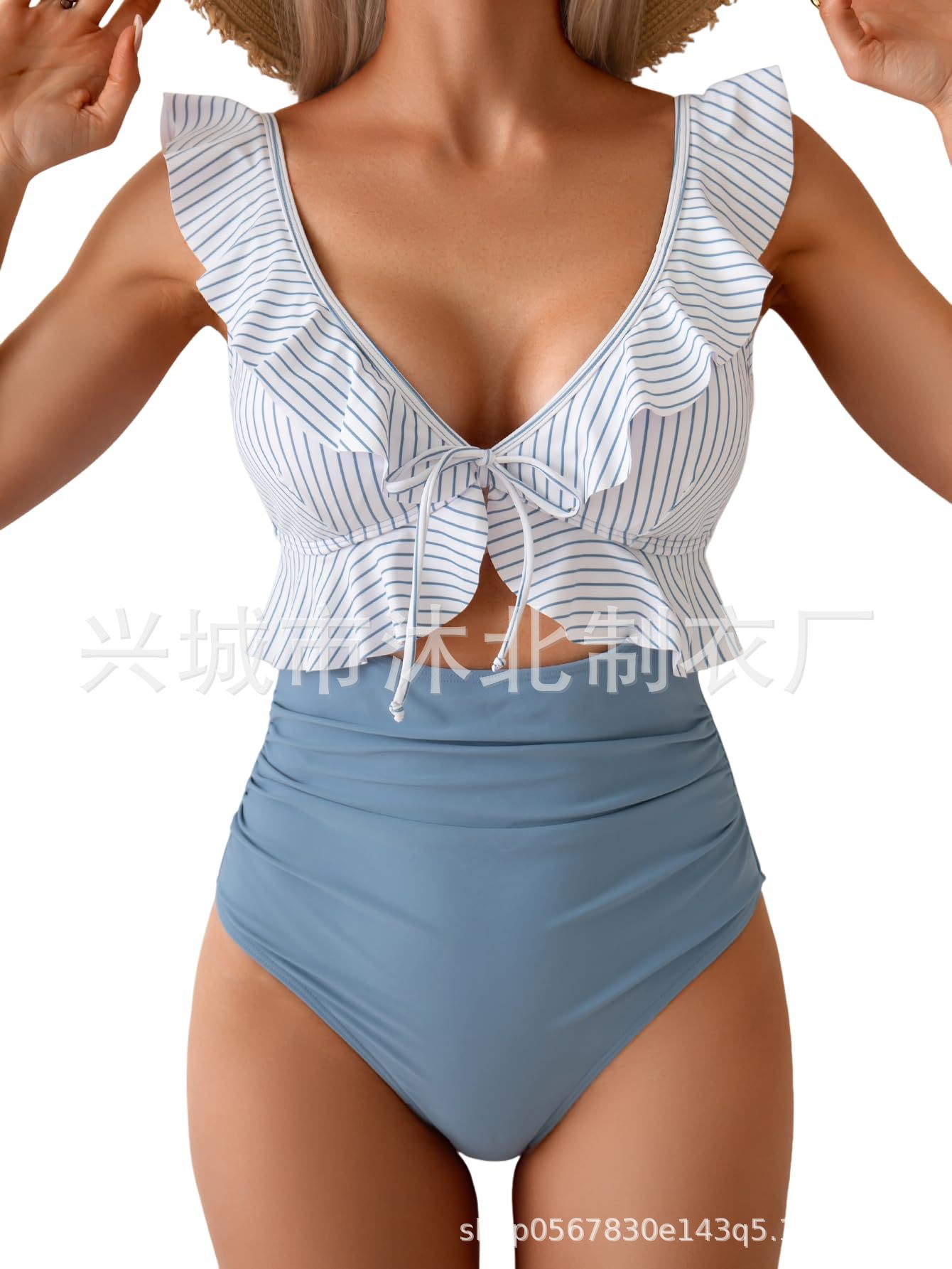 2026 Amazon Europa y los Estados Unidos nuevos trajes de baño unidireccionales mujeres abdominales de cuello V trajes de baño plegados delgados trajes de baño con bordes huecos image 11