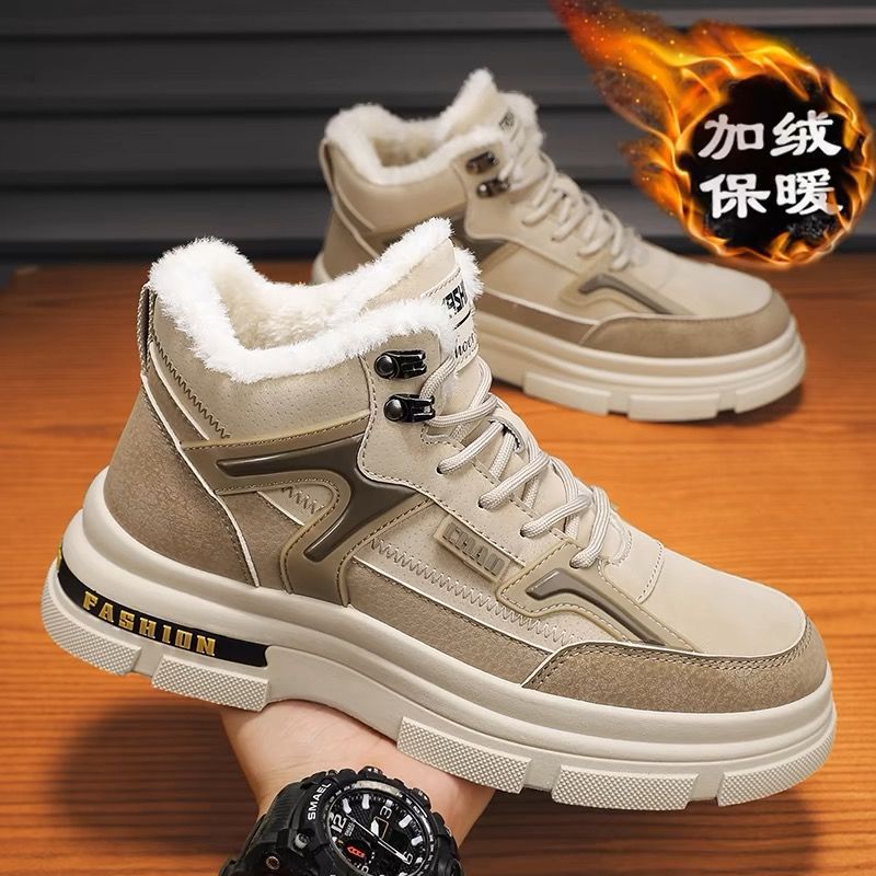 Botas de nieve para hombres 2025, nuevos zapatos de invierno de terciopelo, herramientas calientes de algodón, piel en una sola gruesa botas Martin