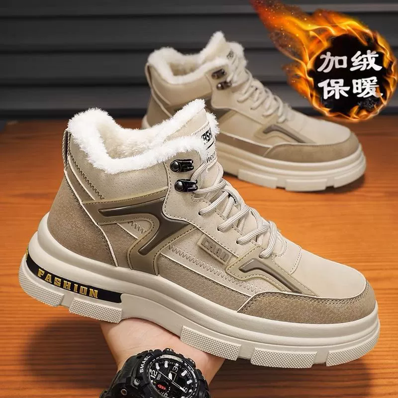 Мужские зимние ботинки 2025 года, новая модель, на флисовой подкладке, утолщенные, теплые рабочие хлопковые сапоги, комбинированные из кожи и меха, на толстой подошве, ботинки в стиле Мартин.
