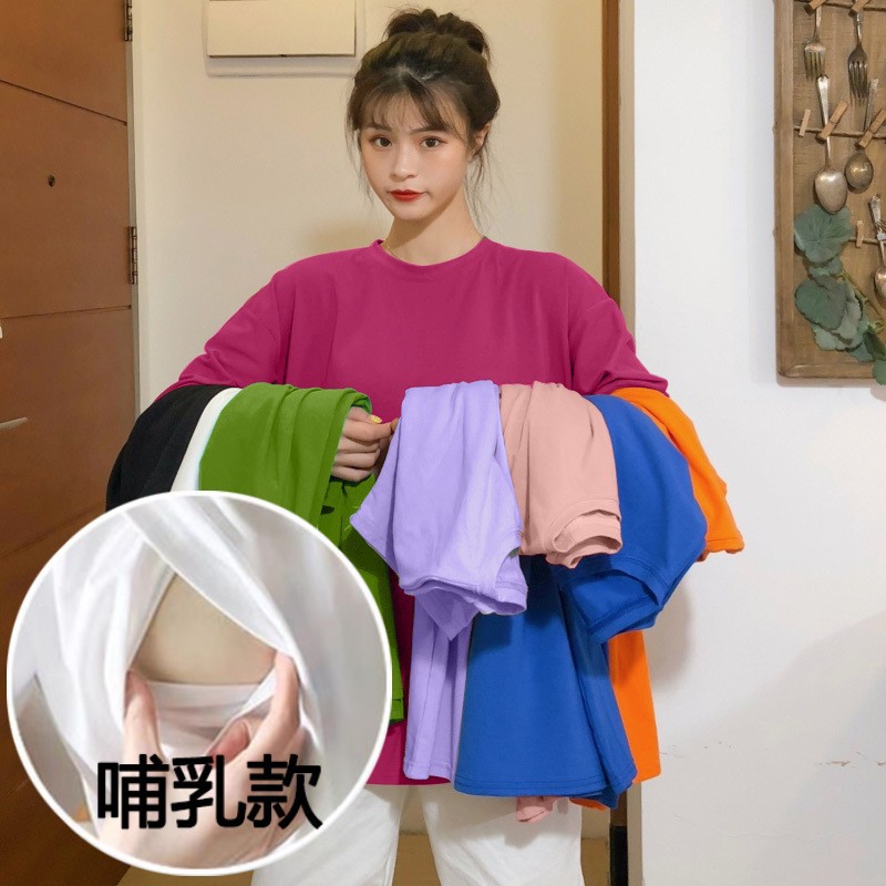 孕婦裝哺乳裝T恤夏季短袖中長款2023新款寬鬆大碼哺乳餵奶月子服