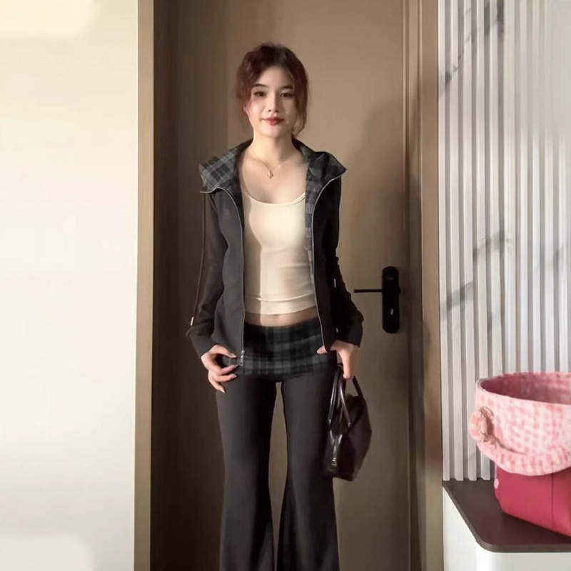 Early Beauty Autumn New American Plaid Hooded Cardigan Sweatshirt High-Sense Casual Pants Two-Piece Set