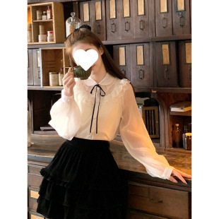 夏季法式清甜風設計稿翻領微透長袖襯衫+蕾絲蓬蓬短裙套裝女