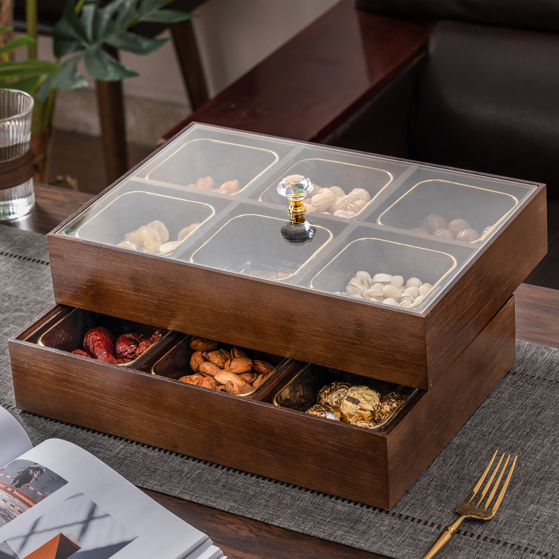 Nueva caja de frutas secas de madera china, caja de almacenamiento de bocadillos de nueces, bandeja de frutas dividida, bandeja de dulces doméstica de nueva casa