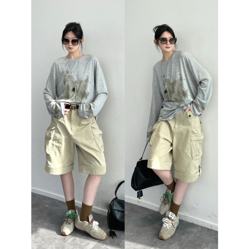 Nanyu Designer Brand 100% Cotton Washed Work Pants Vintage Style Five-Point Pants Ins-Style Wide-Leg Casual Pants for Women Spring