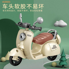 The girl performing tricks on a vintage-style three-wheeled electric motorcycle toy with a music boy.