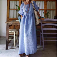 2024新款跨境外贸欧美女装亚马逊独立站圆领无袖棉麻中长款连衣裙