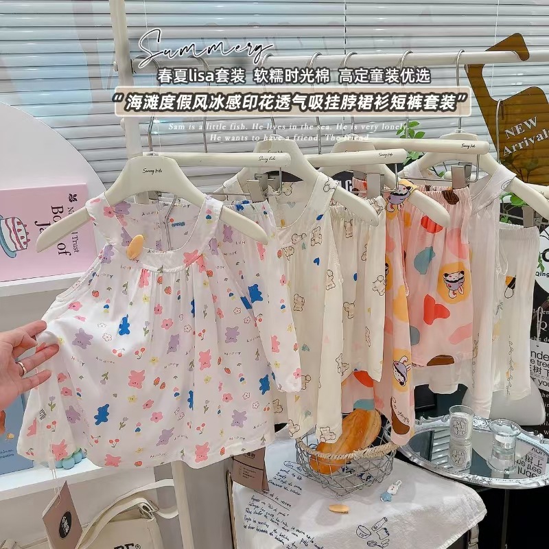 Children's Cotton Silk Skirt Suit Girl Summer Thin Two-Piece Set Baby Girl Vest Sleeveless Baby Sweet Suit