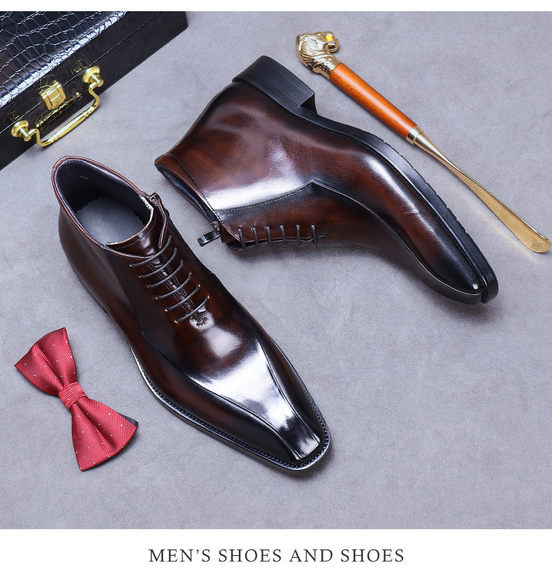 Kožené boty Velkoobchodní továrna Britské martinské boty Pravá kůže Módní společenské boty Špičatá špička Zip Vysoké kožené boty Kotníkové boty_voghion.com