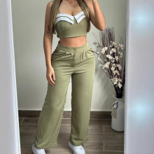 跨境欧美外贸2025年亚马逊女装撞色拼接通勤休闲套装