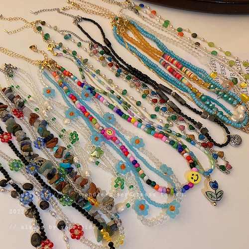 Small fresh and personalized crystal flower pearl stone beaded necklace fashionable and versatile clavicle chain sweet necklace wholesale