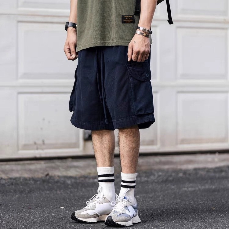 Japanese Retro Work Shorts Men's Summer Trendy Brand Thin Solid Color Straight Loose Sports Casual Knee-Length Shorts Trendy