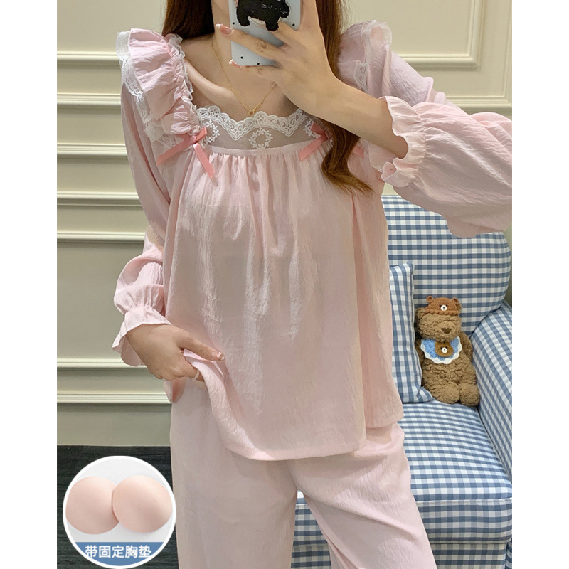 3304H#春季新款睡衣女梭织云朵棉带胸垫长袖公主风甜美家居服套装