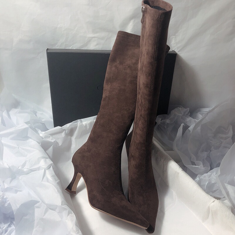 Korean-style minimalist over-the-knee boots, elastic boots, slim-fit boots with a side zipper, pointed-toe high-heeled boots