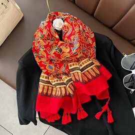 复古红色腰果旅游拍照防晒丝巾女夏季民族风围巾披肩外搭长款纱巾