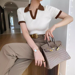 法式高级感气质polo衫女夏季撞色V领短袖冰丝上衣修身内搭针织衫