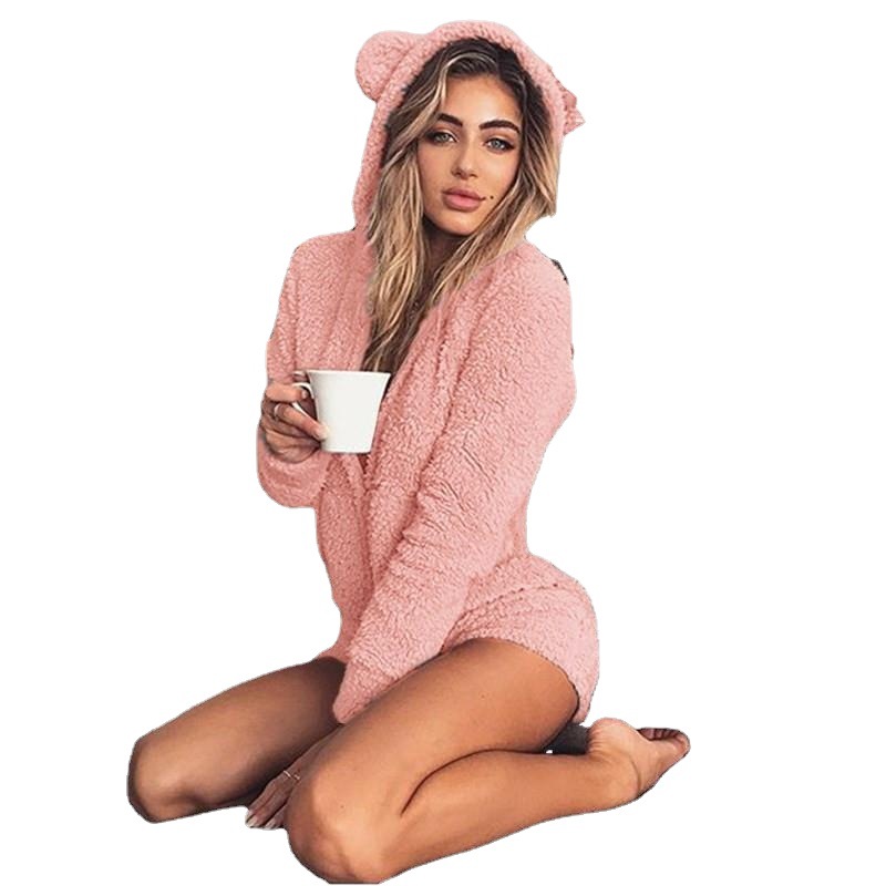 Süßer, flauschiger Overall mit langen Ärmeln und Kapuze für Damen_voghion.com