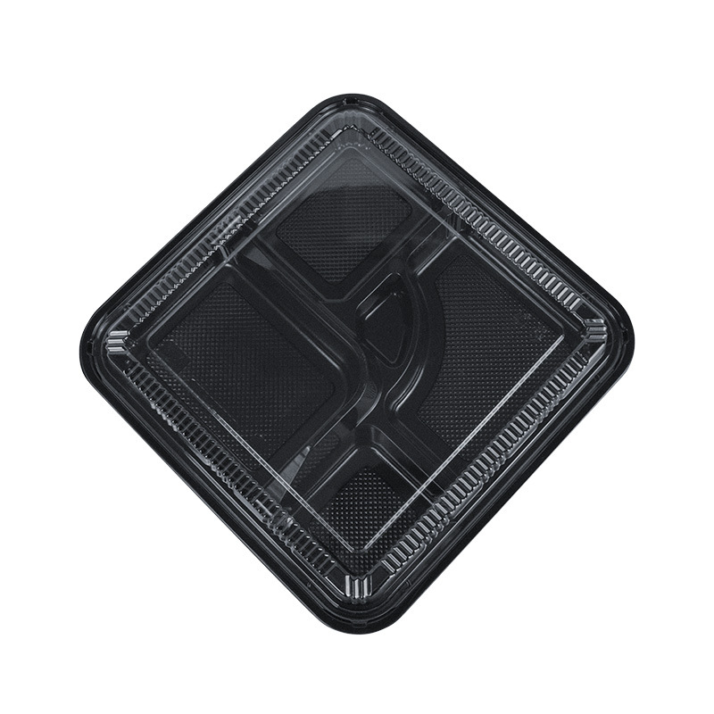 商务套餐便当盒黑色一次性快餐盒 五分格外卖打包盒塑料分格饭盒